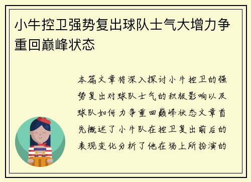 小牛控卫强势复出球队士气大增力争重回巅峰状态