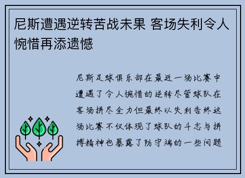 尼斯遭遇逆转苦战未果 客场失利令人惋惜再添遗憾