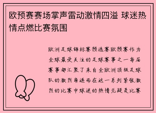 欧预赛赛场掌声雷动激情四溢 球迷热情点燃比赛氛围