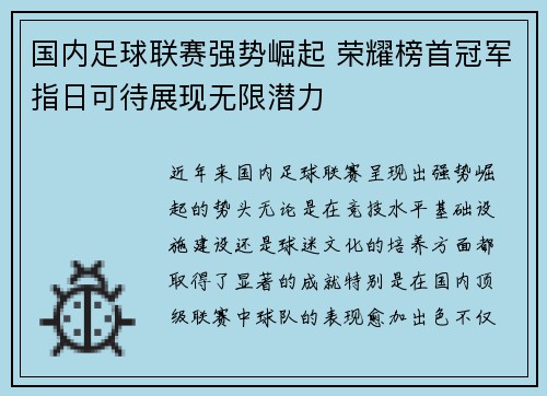 国内足球联赛强势崛起 荣耀榜首冠军指日可待展现无限潜力