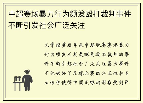 中超赛场暴力行为频发殴打裁判事件不断引发社会广泛关注