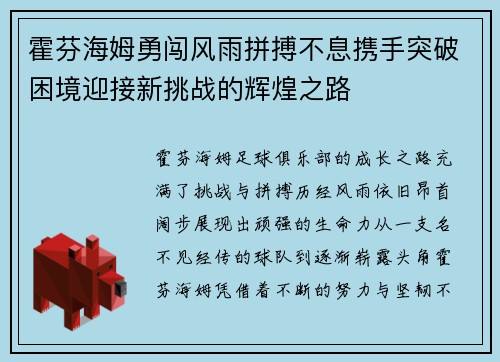 霍芬海姆勇闯风雨拼搏不息携手突破困境迎接新挑战的辉煌之路