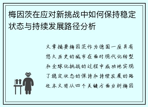 梅因茨在应对新挑战中如何保持稳定状态与持续发展路径分析
