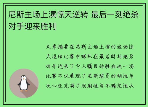 尼斯主场上演惊天逆转 最后一刻绝杀对手迎来胜利