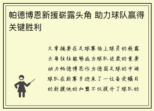 帕德博恩新援崭露头角 助力球队赢得关键胜利