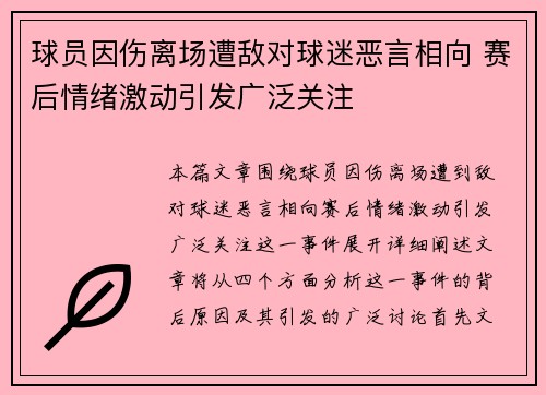 球员因伤离场遭敌对球迷恶言相向 赛后情绪激动引发广泛关注