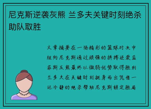尼克斯逆袭灰熊 兰多夫关键时刻绝杀助队取胜