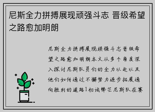 尼斯全力拼搏展现顽强斗志 晋级希望之路愈加明朗