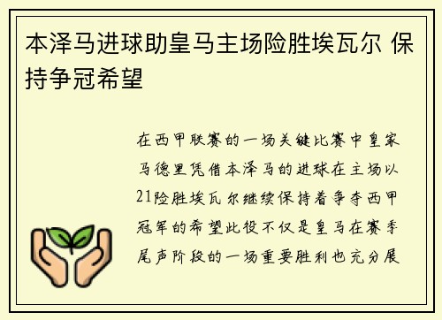 本泽马进球助皇马主场险胜埃瓦尔 保持争冠希望