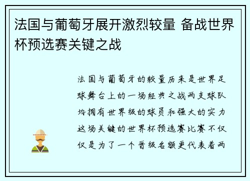 法国与葡萄牙展开激烈较量 备战世界杯预选赛关键之战